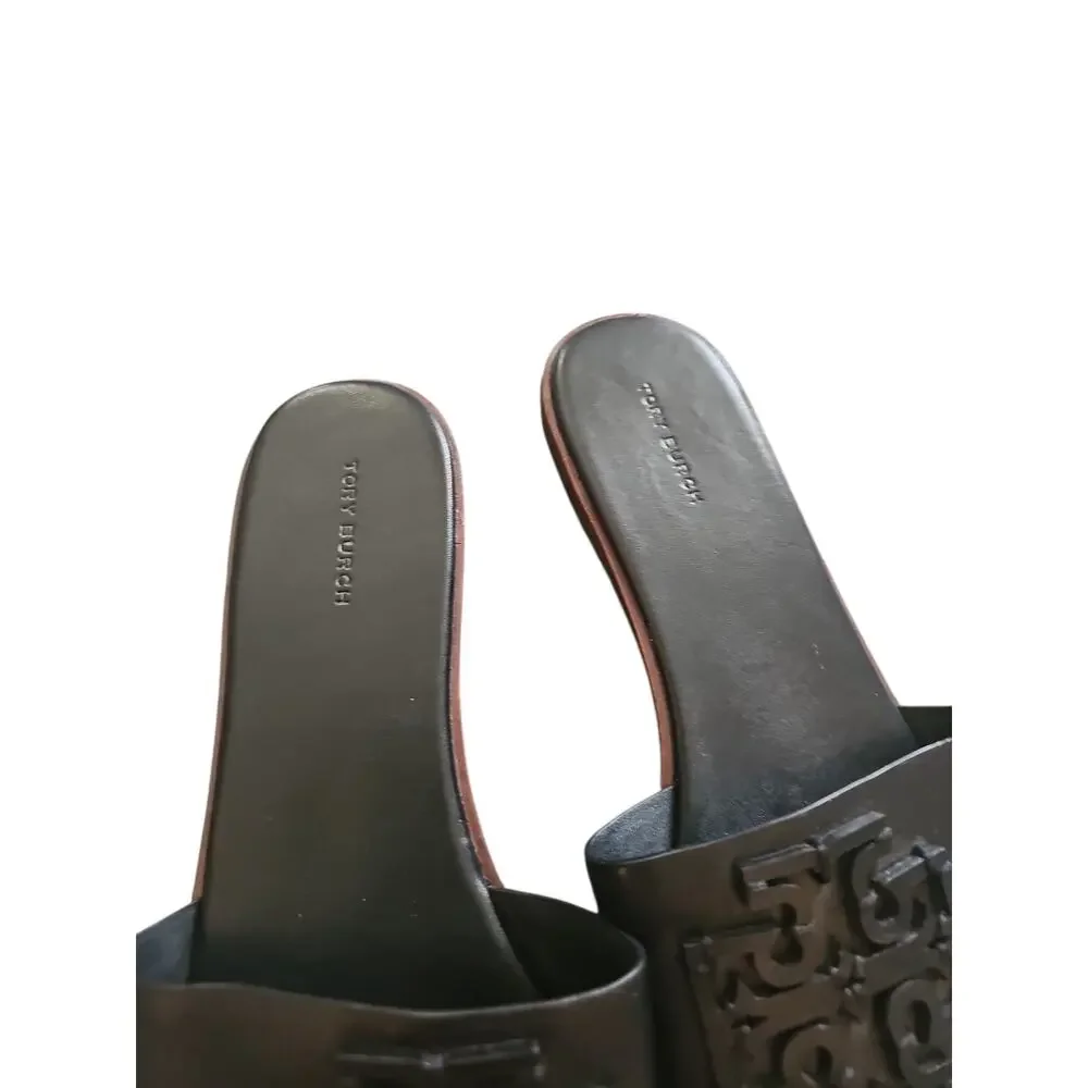 Tory Burch Women's Black Leather Medallion Ines Slides Flats Shoes sz 10 new